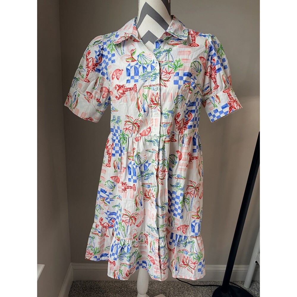 Crown & Ivy Medium Lobster Sardine Print Cotton Shirt Dress Coastal Grandma